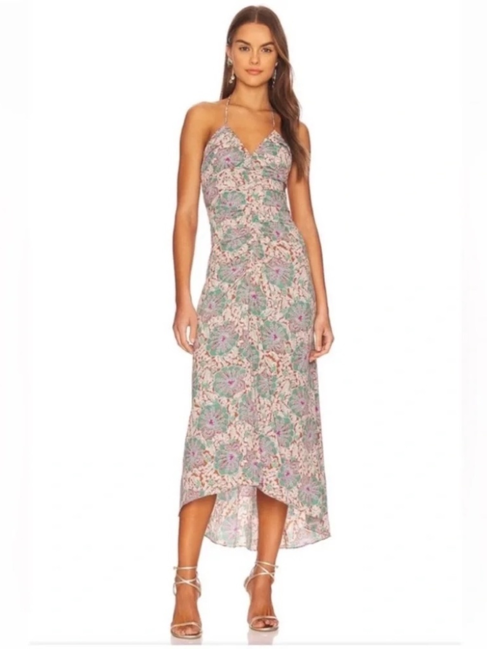 Veronica Beard Aldana silk ruched halter dress floral print sleeveless lined